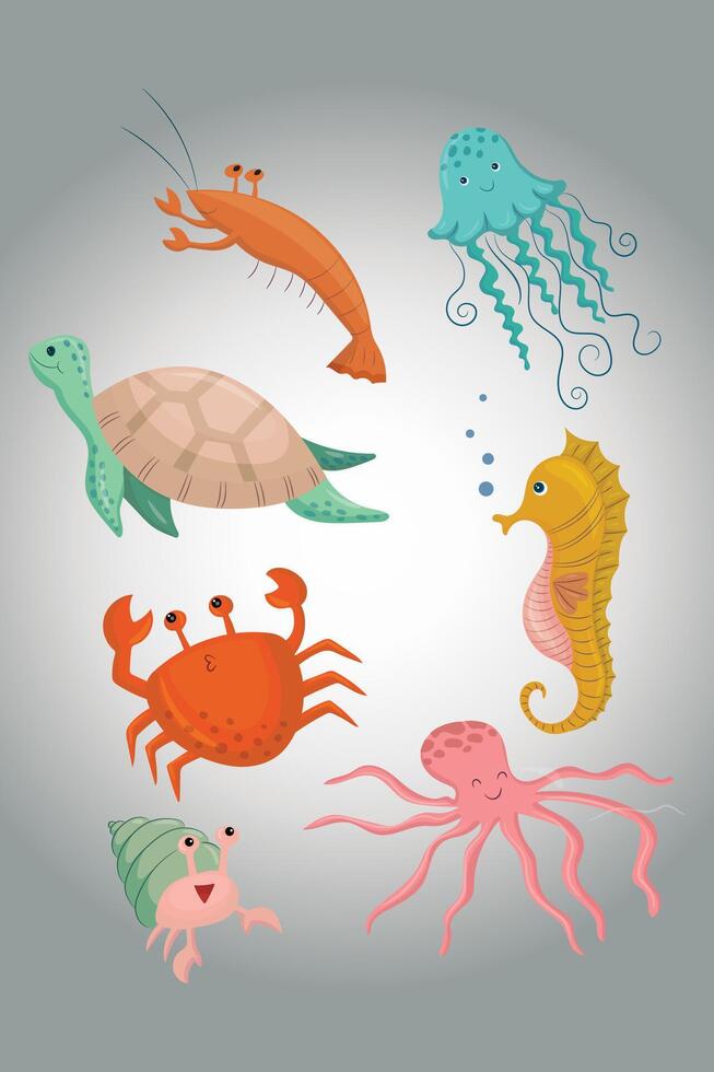 carino mare animali con mare creature per ragazze e ragazzi estate bambino doccia e compleanno festa design. Medusa, Granchi, gamberetto, tartarughe, polpo, cavallucci marini, mare lumache. vettore