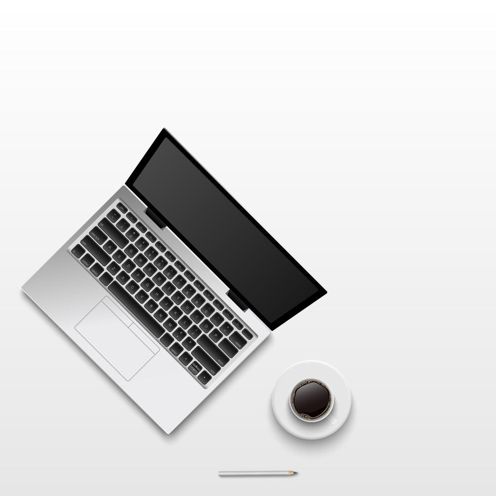 spazio di lavoro minimo piatto laici, scrivania da ufficio vista dall'alto con computer portatile, appunti e tazza di caffè su sfondo di colore bianco con spazio di copia, illustrazione vettoriale