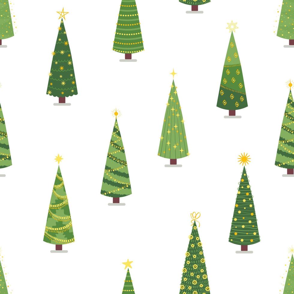 modello senza cuciture di alberi di Natale dei cartoni animati, pini per biglietto di auguri, invito, banner, web, imballaggio. Capodanno e albero di natale simbolo tradizionale con ghirlande, lampadina, stella. vettore