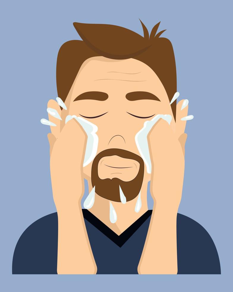un uomo adulto si lava la faccia con la schiuma vettore