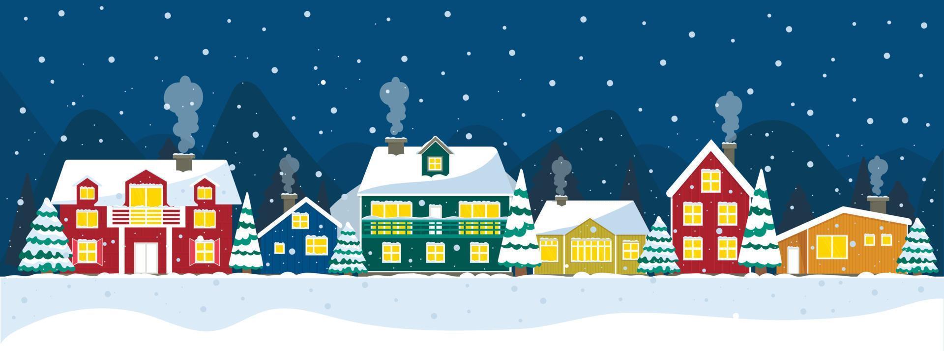 notte nevosa in un accogliente panorama natalizio del villaggio. paesaggio notturno di natale invernale. case colorate islanda, polo nord, olanda. elemento di architettura della norvegia. vettore