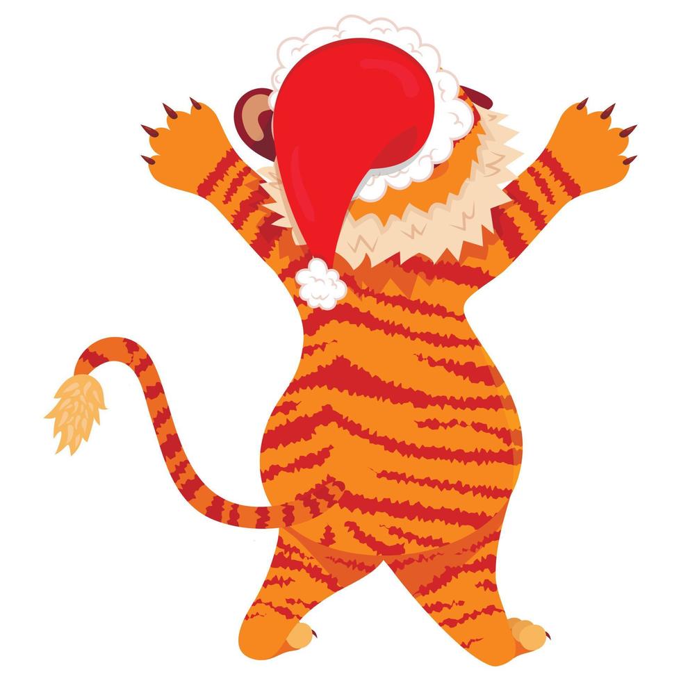 tigre rossa a strisce del simpatico cartone animato. una tigre con un cappello natalizio è in piedi all'indietro. stampa di t-shirt, cartoline, poster per bambini. illustrazione di riserva di vettore disegnato a mano isolato su bianco.