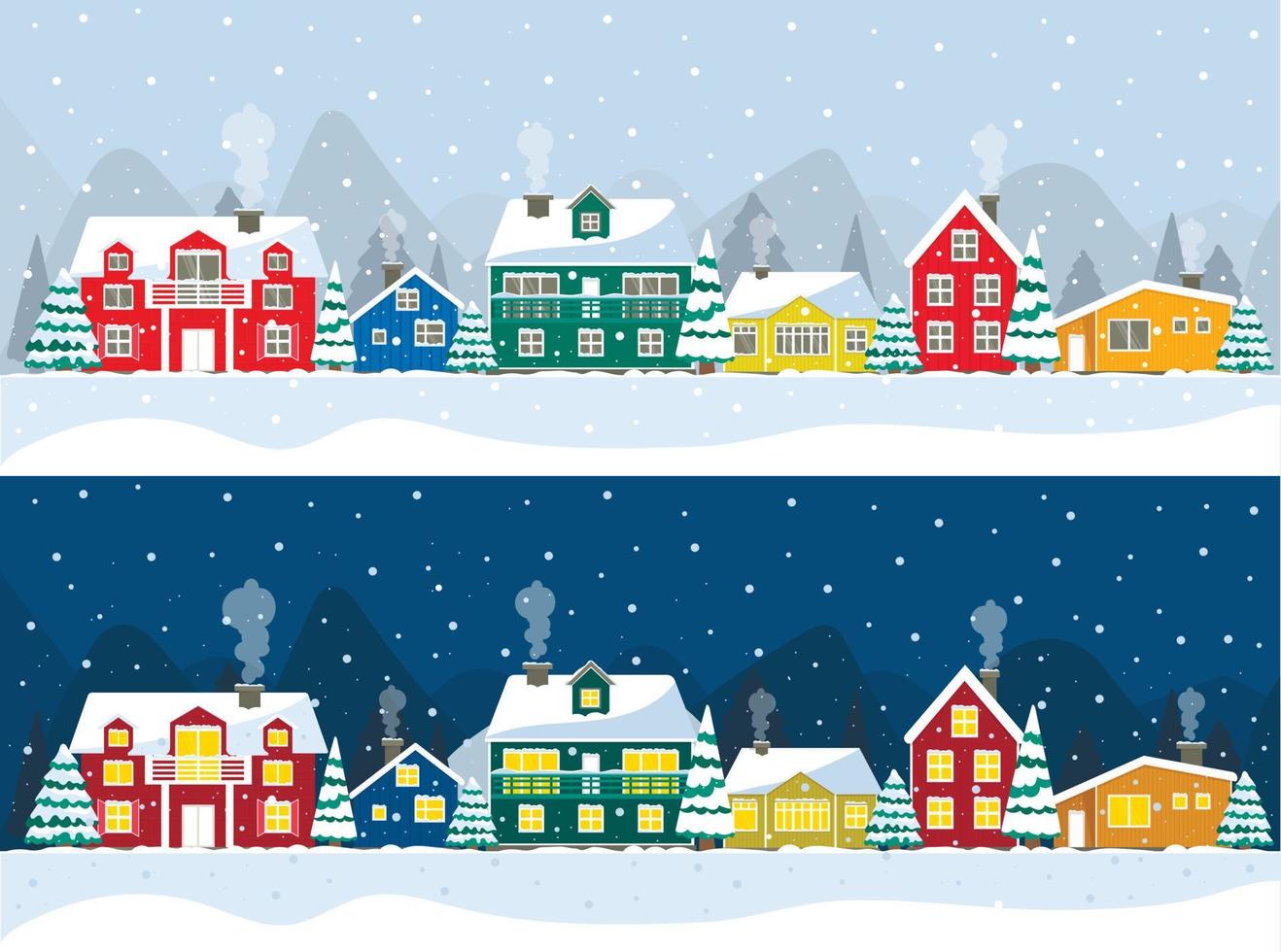 notte nevosa in un accogliente panorama natalizio del villaggio. paesaggio notturno e diurno del villaggio di natale invernale. case colorate islanda, polo nord, olanda vettore