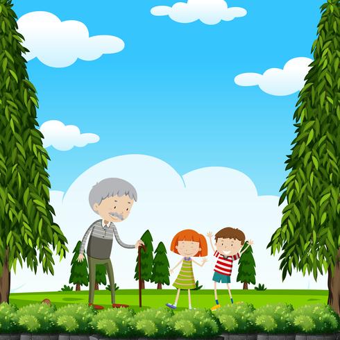 Nonno e bambini nel parco vettore