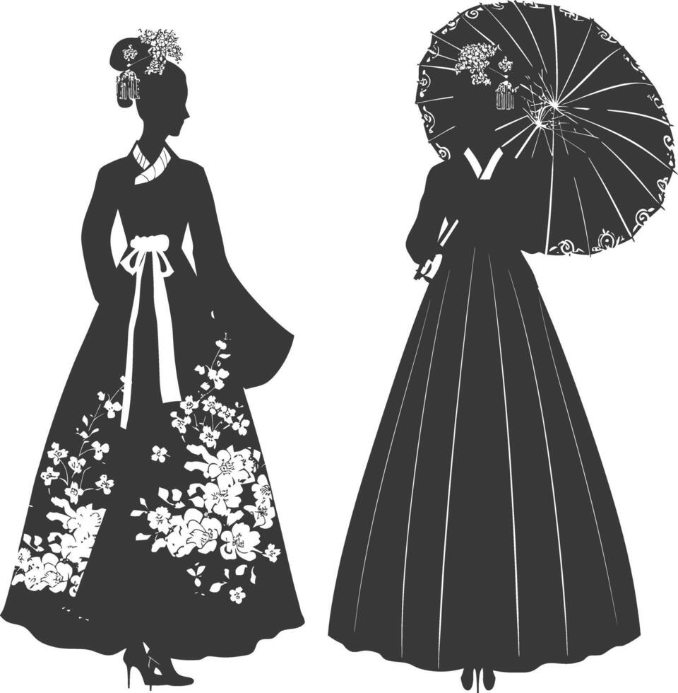 silhouette indipendente coreano donne indossare hanbok con ombrello nero colore solo vettore