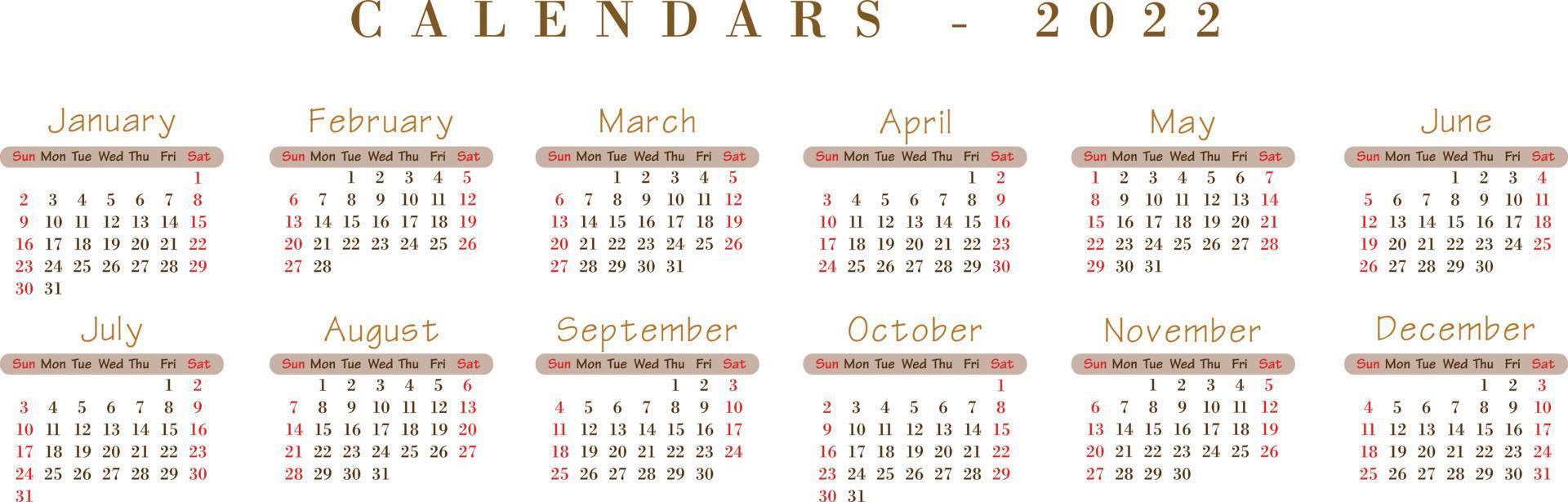 semplici calendari vettoriali modificabili per l'anno 2022. illustrazione vettoriale isolato su sfondo bianco