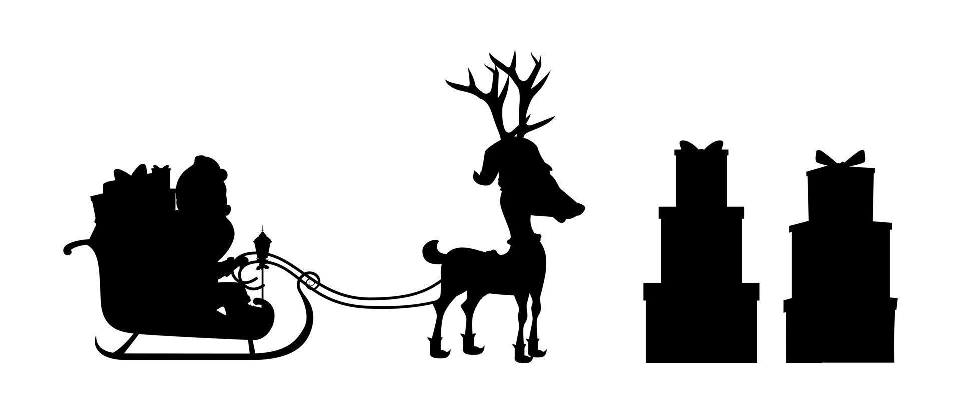 carino bella slitta di babbo natale in piedi con renne con scatole regalo silhouette vettore