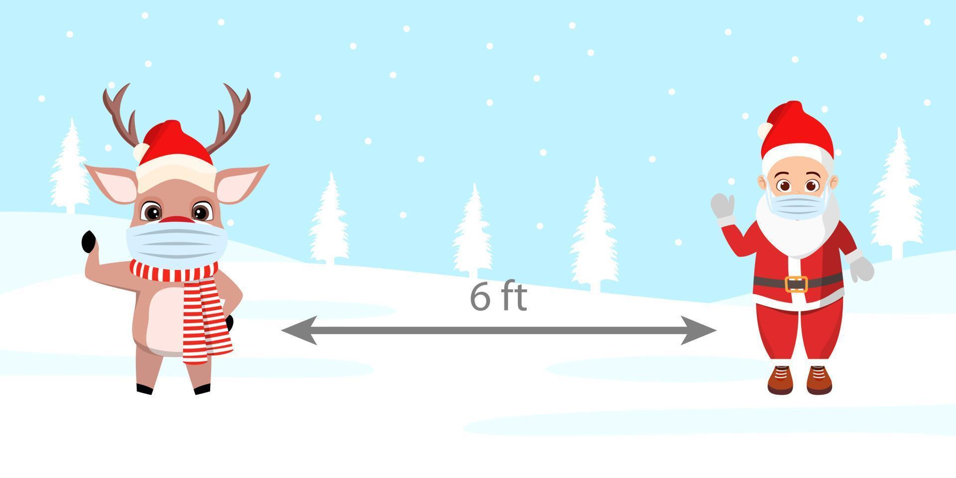 carino bellissimo personaggio di babbo natale personaggio di renna in piedi sul campo di neve neve che cade indossando abiti natalizi e maschera facciale mantenendo una distanza sociale di 6 piedi vettore