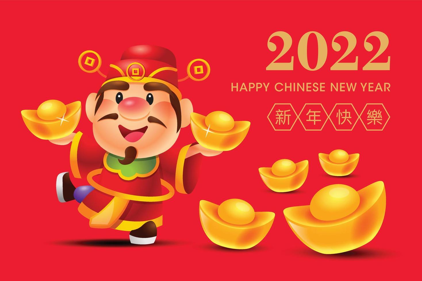 auguri di capodanno cinese 2022. il dio della ricchezza dei cartoni animati tiene lingotti d'oro con alcuni lingotti d'oro a terra. design banner tema capodanno rosso vettore