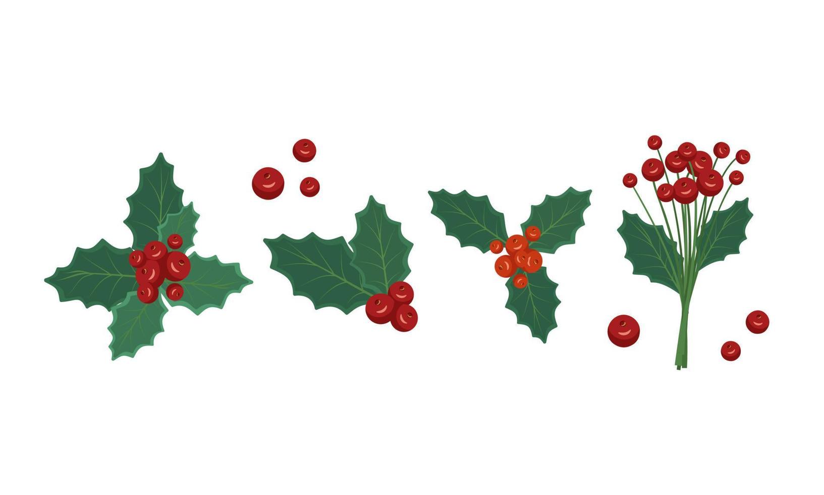 set di decorazioni festive da ramoscelli con bacche rosse e foglie di agrifoglio. decorazioni tradizionali per natale e capodanno. illustrazione vettoriale piatta