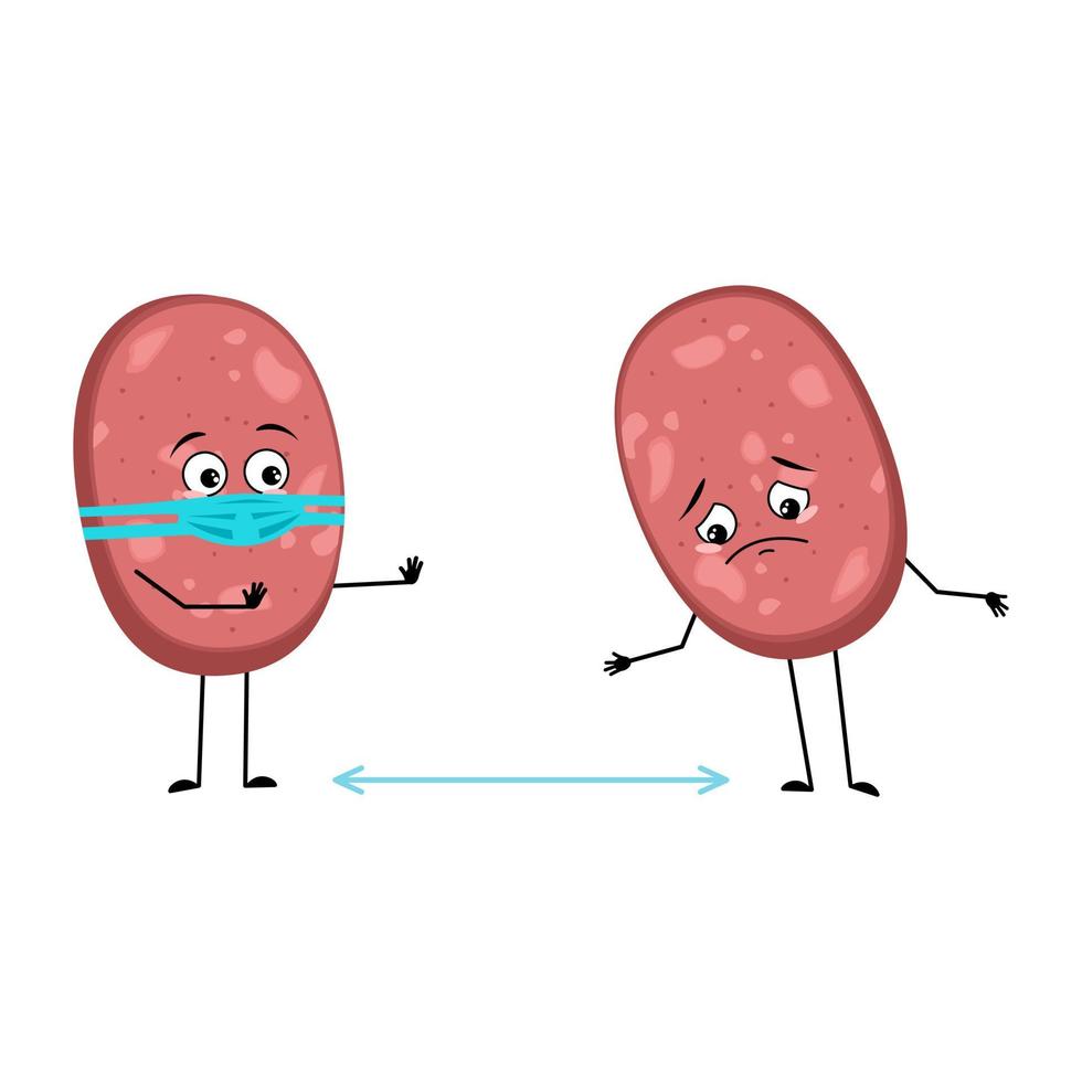 simpatico personaggio di salsiccia con emozioni tristi, viso e maschera mantengono le distanze, braccia e gambe. pasto divertente o spuntino a base di carne con espressione di depressione. illustrazione vettoriale piatta