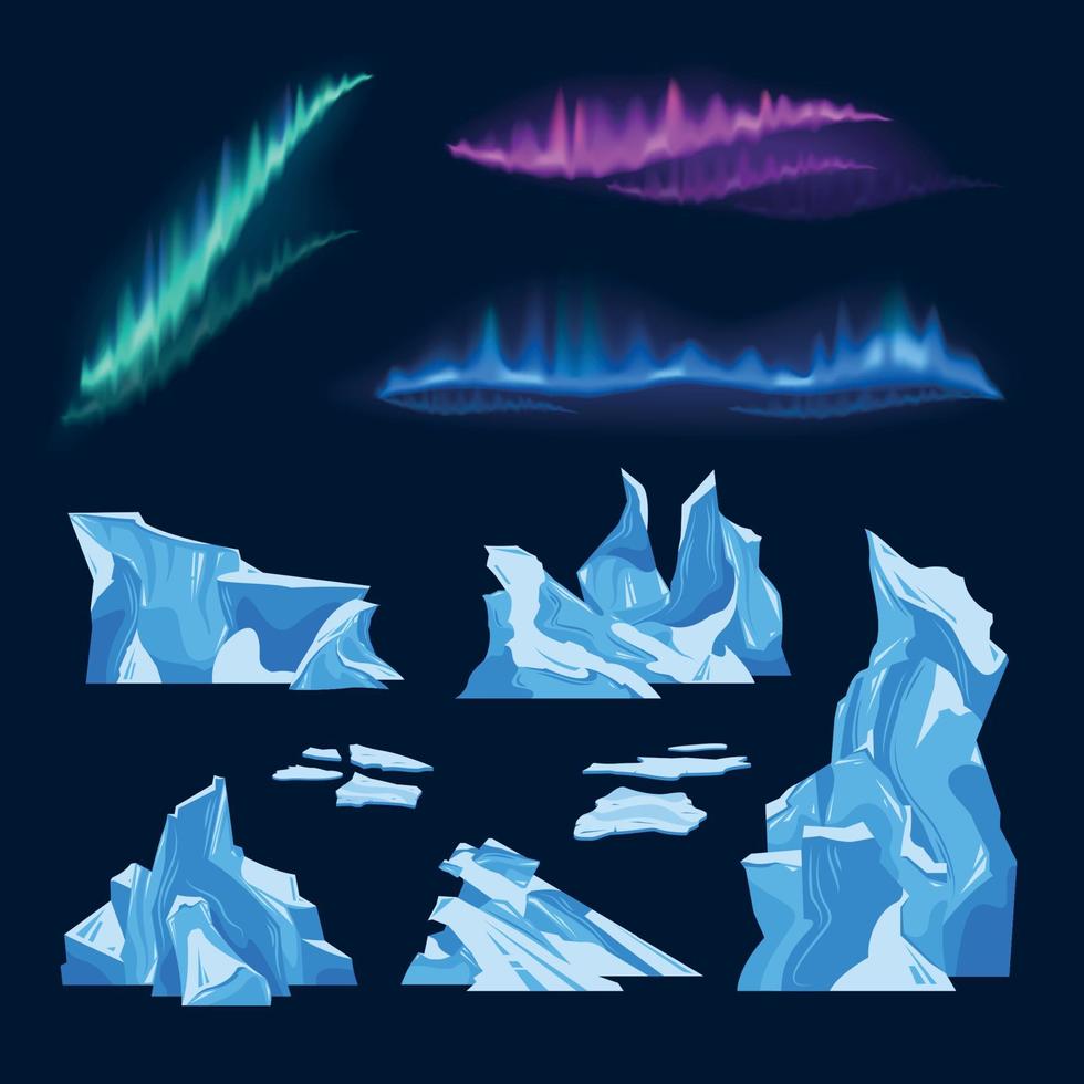 set di iceberg e aurora boreale vettore