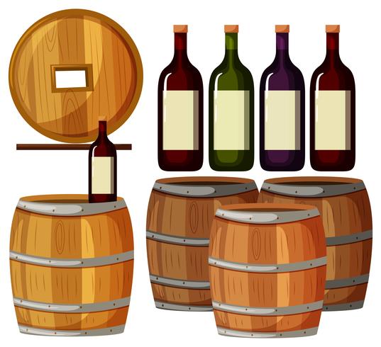 Bottiglie di vino e botti di legno vettore