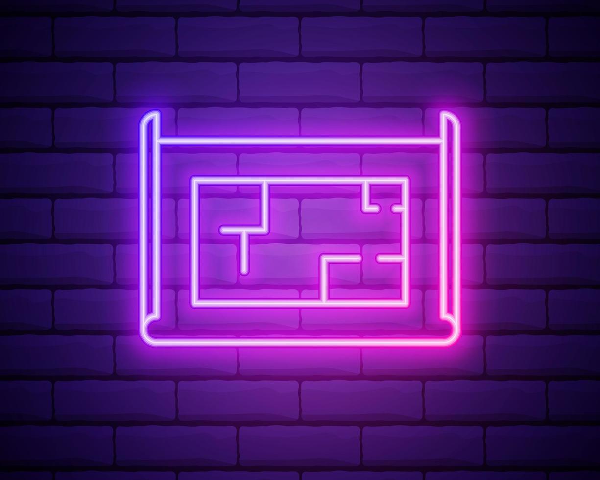 icona del piano casa al neon incandescente isolato su priorità bassa del muro di mattoni. illustrazione vettoriale. vettore