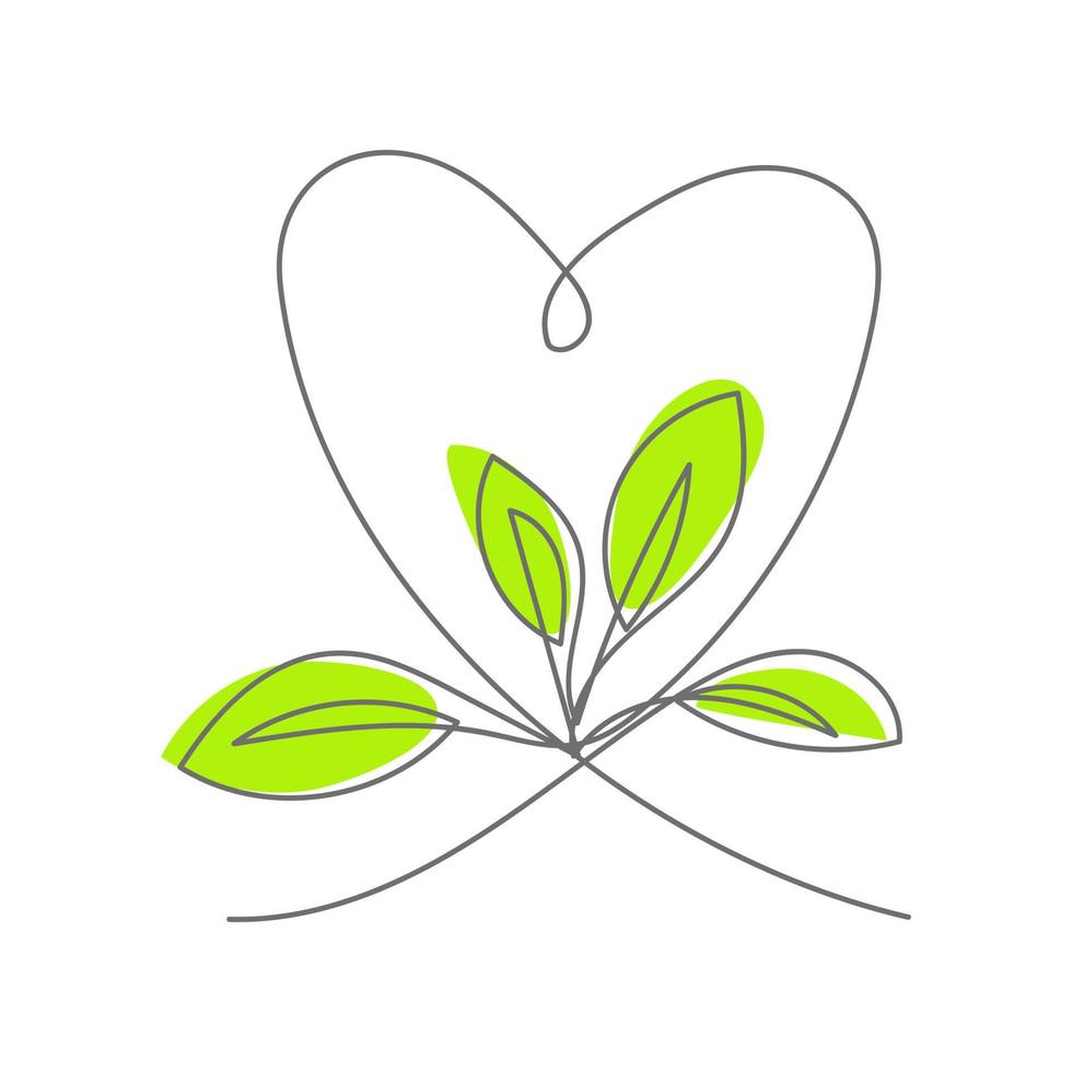 cuore di arte di linea continua con foglie verdi, simbolo di eco isolato. illustrazione vettoriale