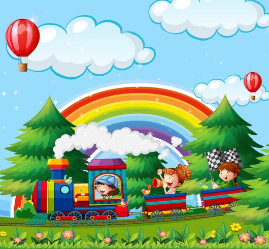 Bambini che viaggiano in treno nel parco vettore