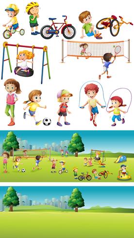 Park scene con bambini che praticano sport vettore