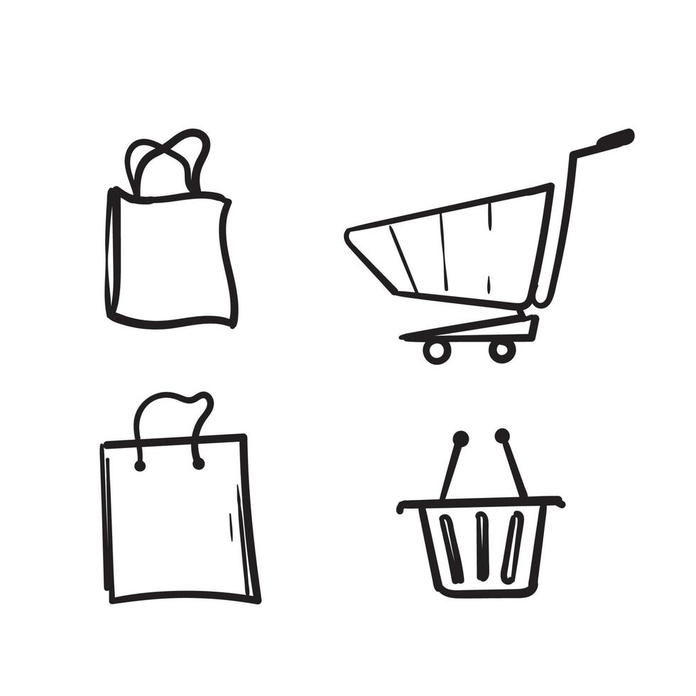 doodle set di icone del carrello della spesa. raccolta di icone web per il negozio online, da varie icone del carrello in varie forme.vettore vettore