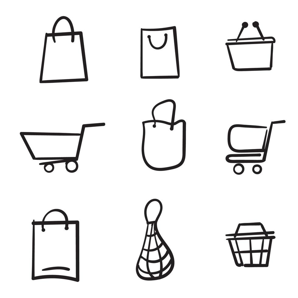 set di icone del carrello della spesa disegnate a mano. raccolta di icone web per negozio online, da varie icone del carrello in varie forme. scarabocchio vettore