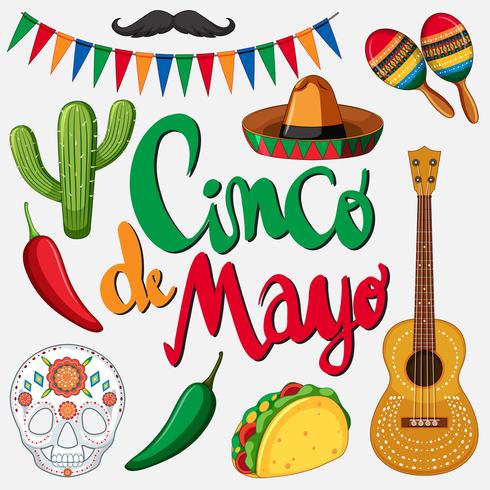 Modello di scheda Cinco de mayo con cappello messicano e cibo vettore