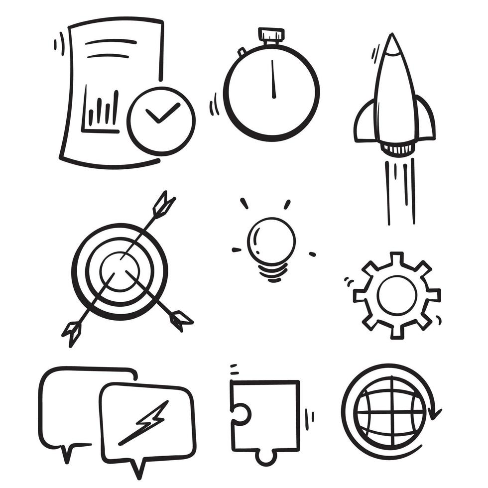icone della linea di avvio disegnate a mano. progetto di lancio, business report e target. set di icone lineare di strategia. linea di qualità impostata. vettore.doodle vettore