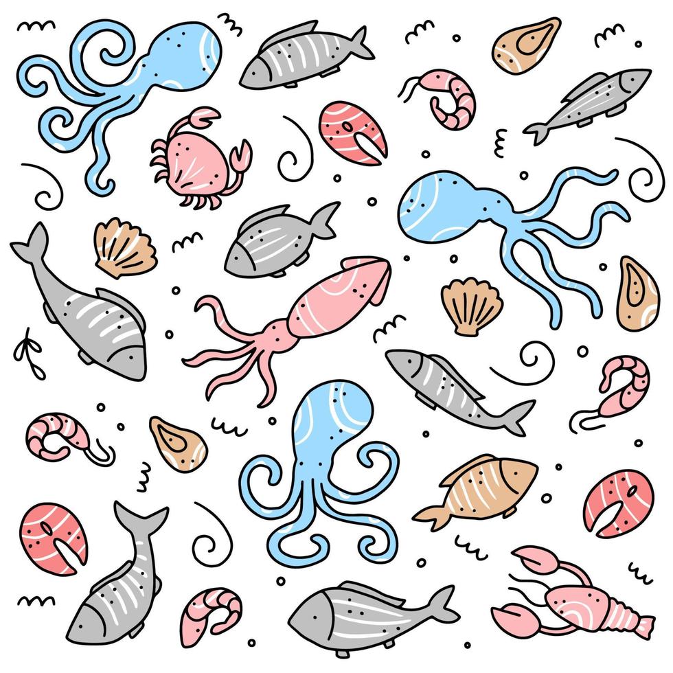 insieme disegnato a mano di elementi di frutti di mare. illustrazione vettoriale stile scarabocchio.