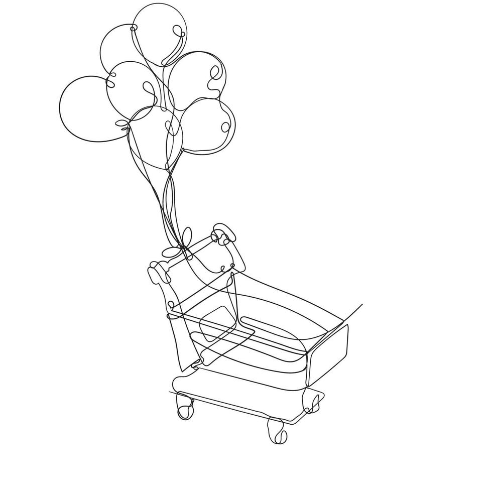 disegno a tratteggio continuo icona del carrello della spesa e dell'illustrazione del pallone volante vettore