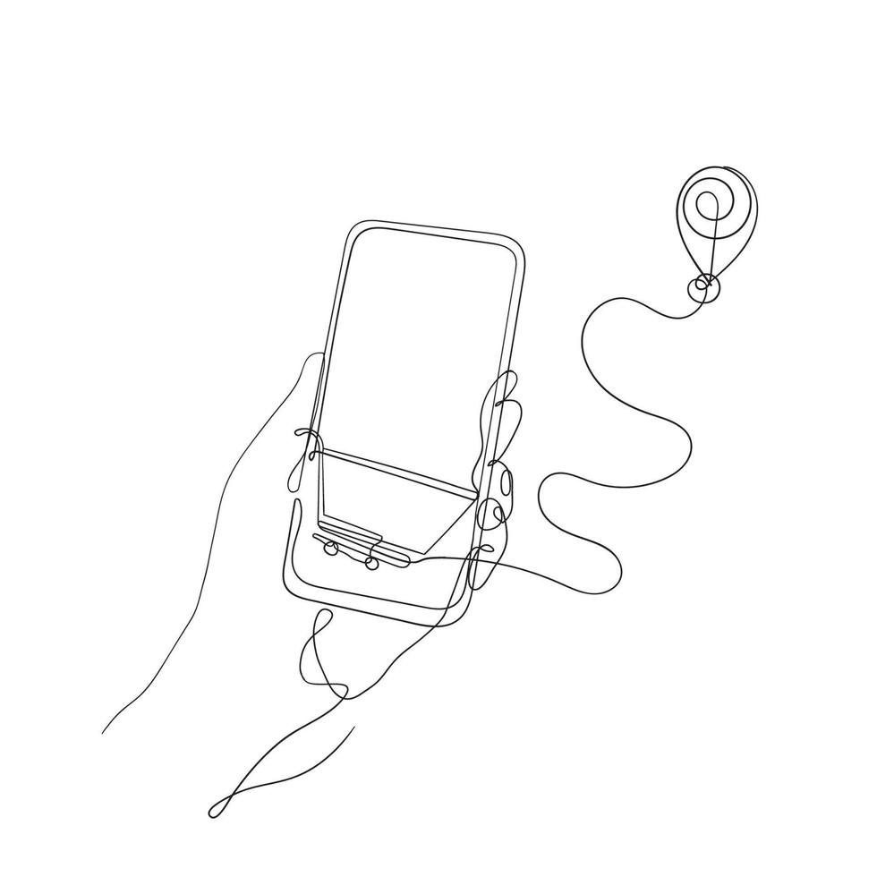 gps mobile scarabocchio disegnato a mano e illustrazione del carrello della spesa nel disegno a tratteggio continuo vettore