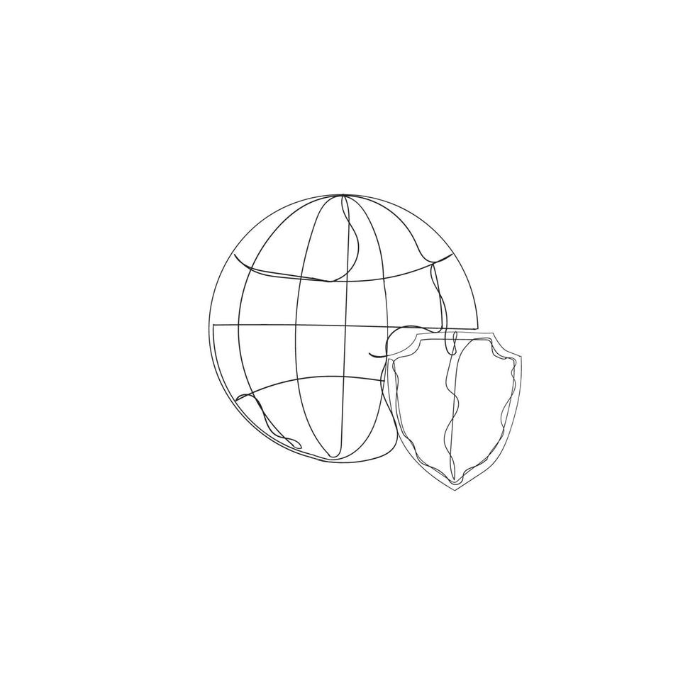 disegno a tratteggio continuo globo e scudo icona illustrazione vettore isolato