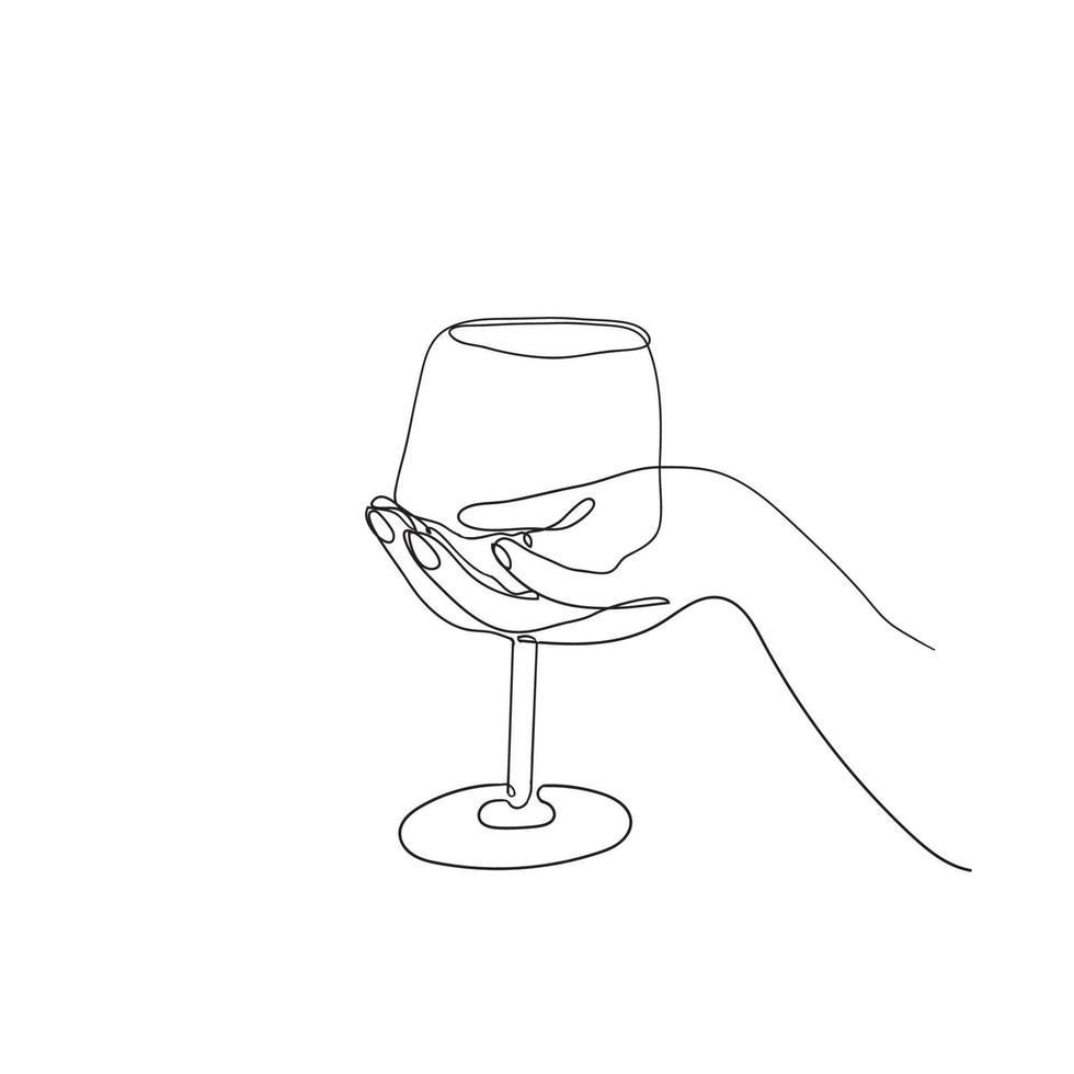 doodle disegnato a mano disegno continuo a una linea. mani che tengono e applaudono con bicchieri di champagne isolati vettore