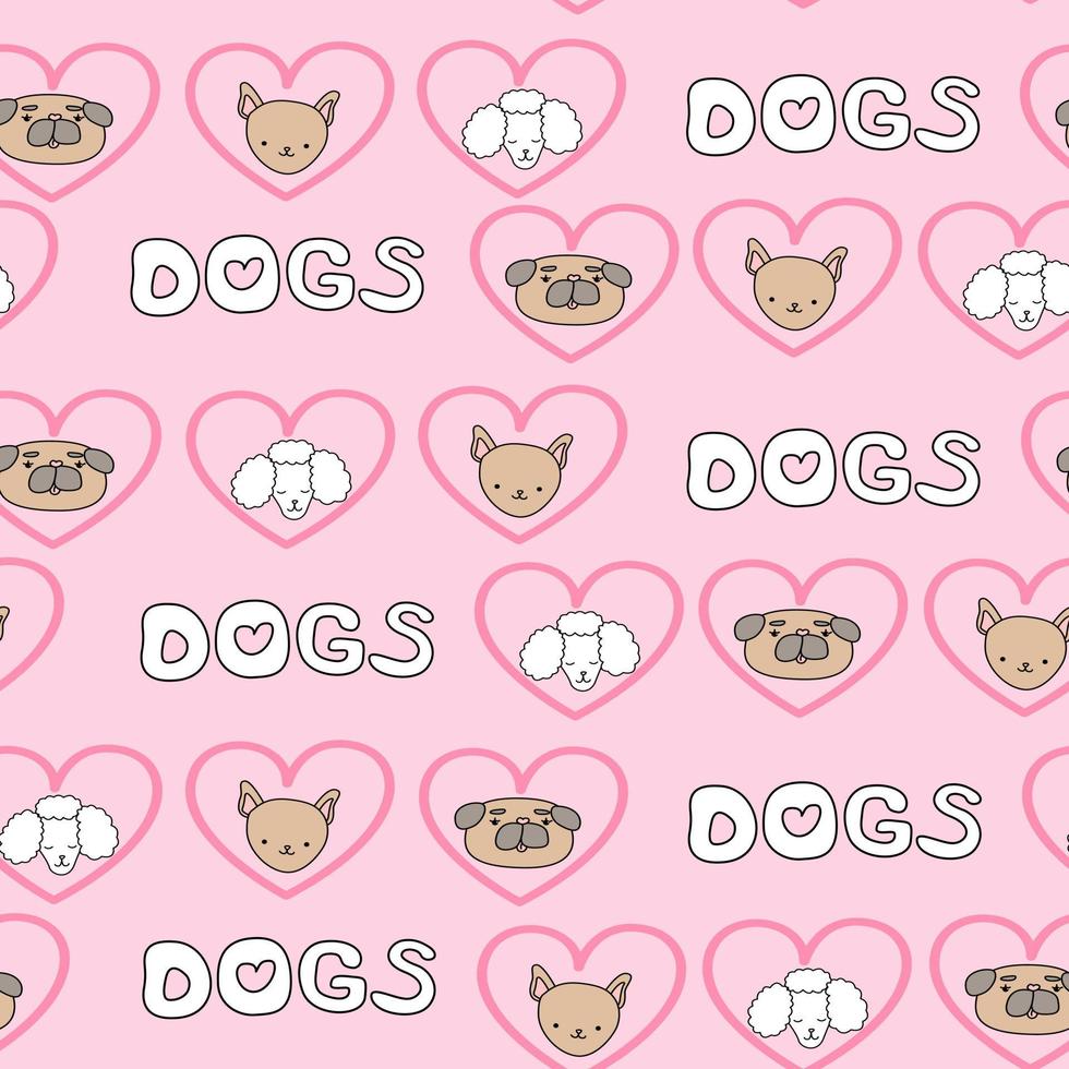 modello rosa con testo cani barboncino pug animali domestici nei cuori. tessuti per bambini. album di ritagli di carta digitale per bambini. vettore