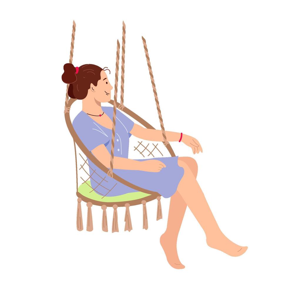 ragazza seduta nel un' sospeso swing sedia nel il giardino e rilassante giovane ragazza rilassante su vacanza illustrazione nel un' piatto stile su un' bianca sfondo vettore