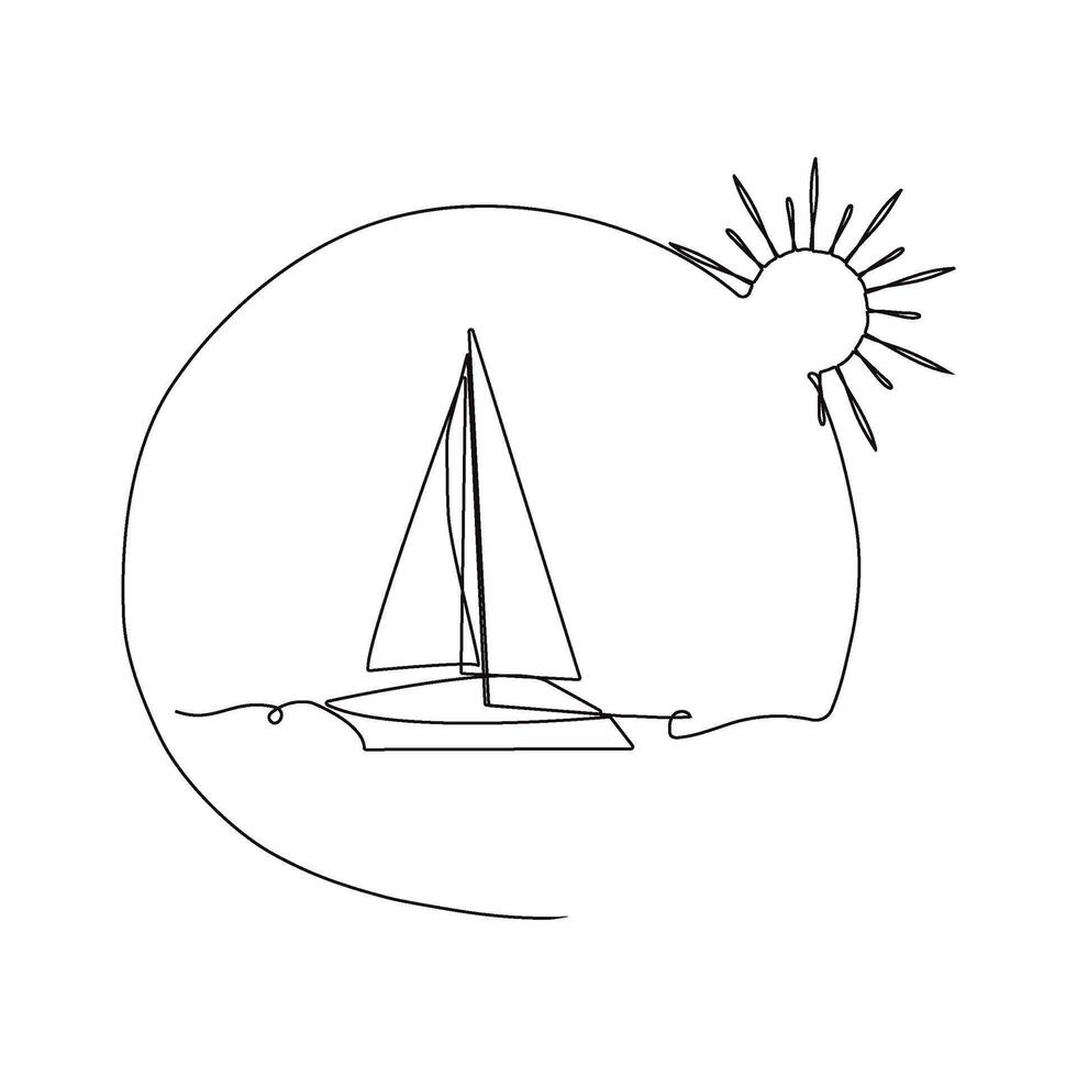 barca a vela, barca, nave, mare onda e palma albero, sole. il concetto di viaggiare, riposo, crociera, mare. mano disegno uno solido linea. vettore