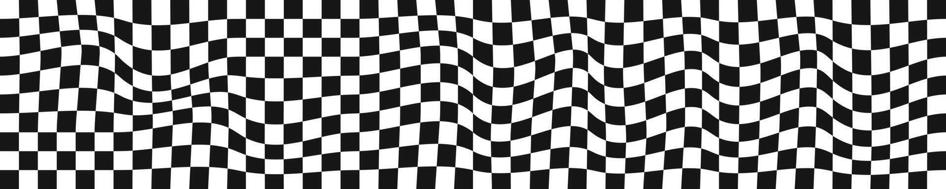 distorto scacchiera sfondo. vertiginoso scacchi visivo illusione. psichedelico modello con deformato nero e bianca piazze. gara bandiera struttura. trippy scacchiera superficie. vettore