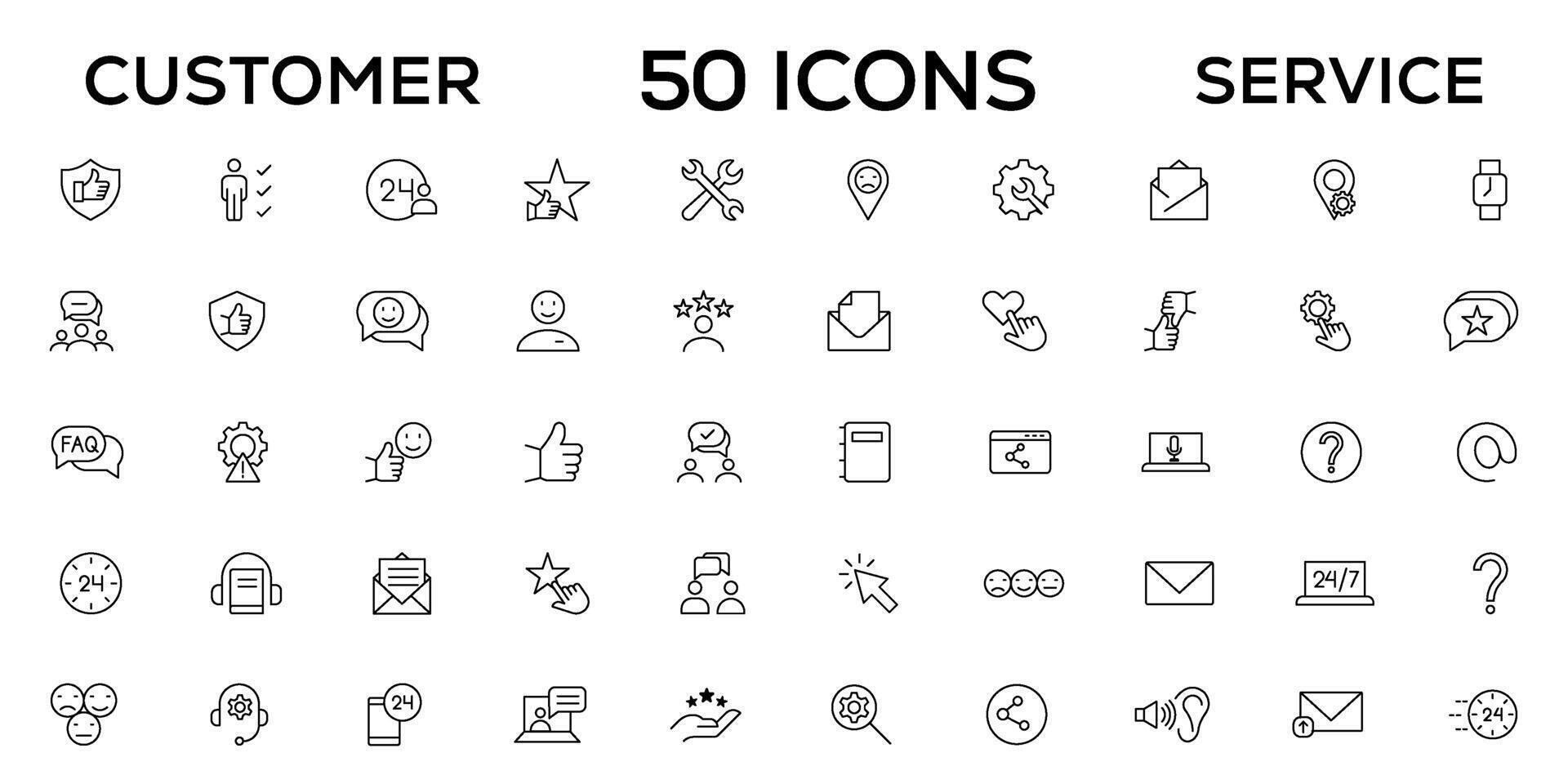 cliente servizio icona impostare. contenente cliente soddisfatto, assistenza, Esperienza, feedback, operatore e tecnico supporto icone. magro schema icone pacchetto. vettore
