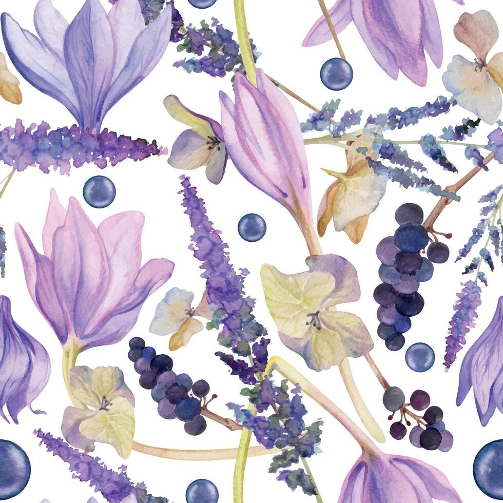 mano disegnato acquerello illustrazione squallido boho botanico fiori le foglie. croco zafferano rosa anca veronica hortensia lavanda frutti di bosco. senza soluzione di continuità modello isolato su bianca. design nozze, carta, tessuto vettore