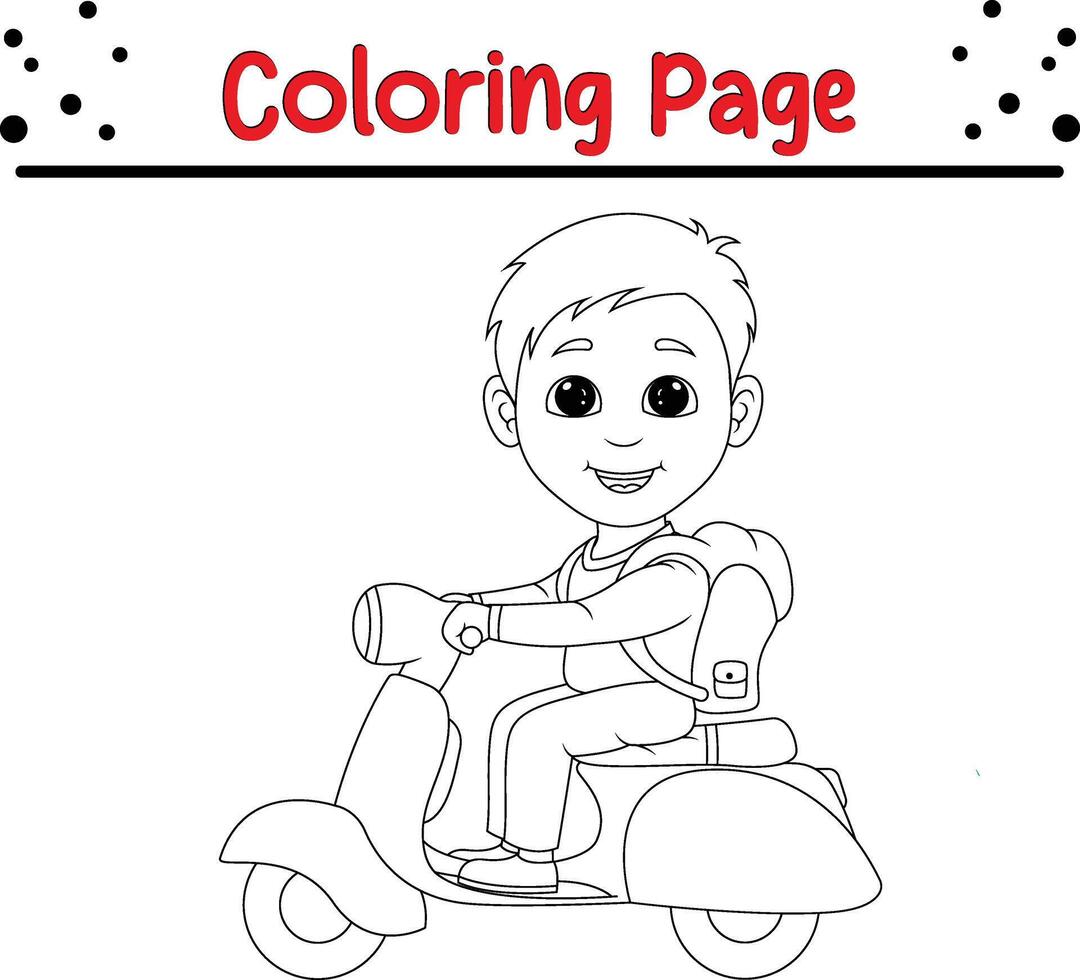 scolaro equitazione scooter colorazione pagina per bambini. nero e bianca illustrazione per colorazione libro vettore