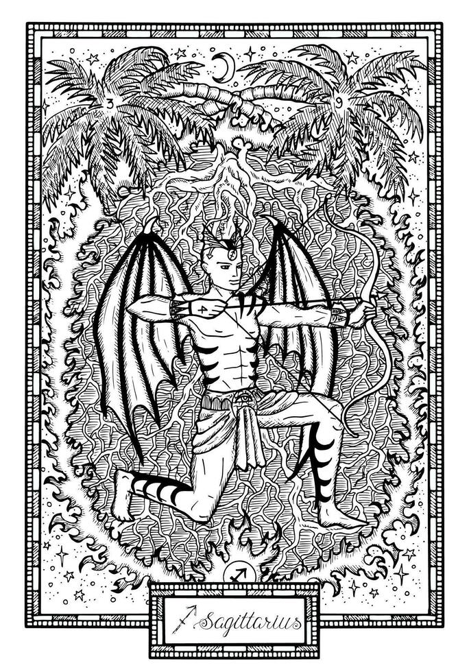 zodiaco cartello Sagittario. mano disegnato fantasia grafico illustrazione nel telaio vettore