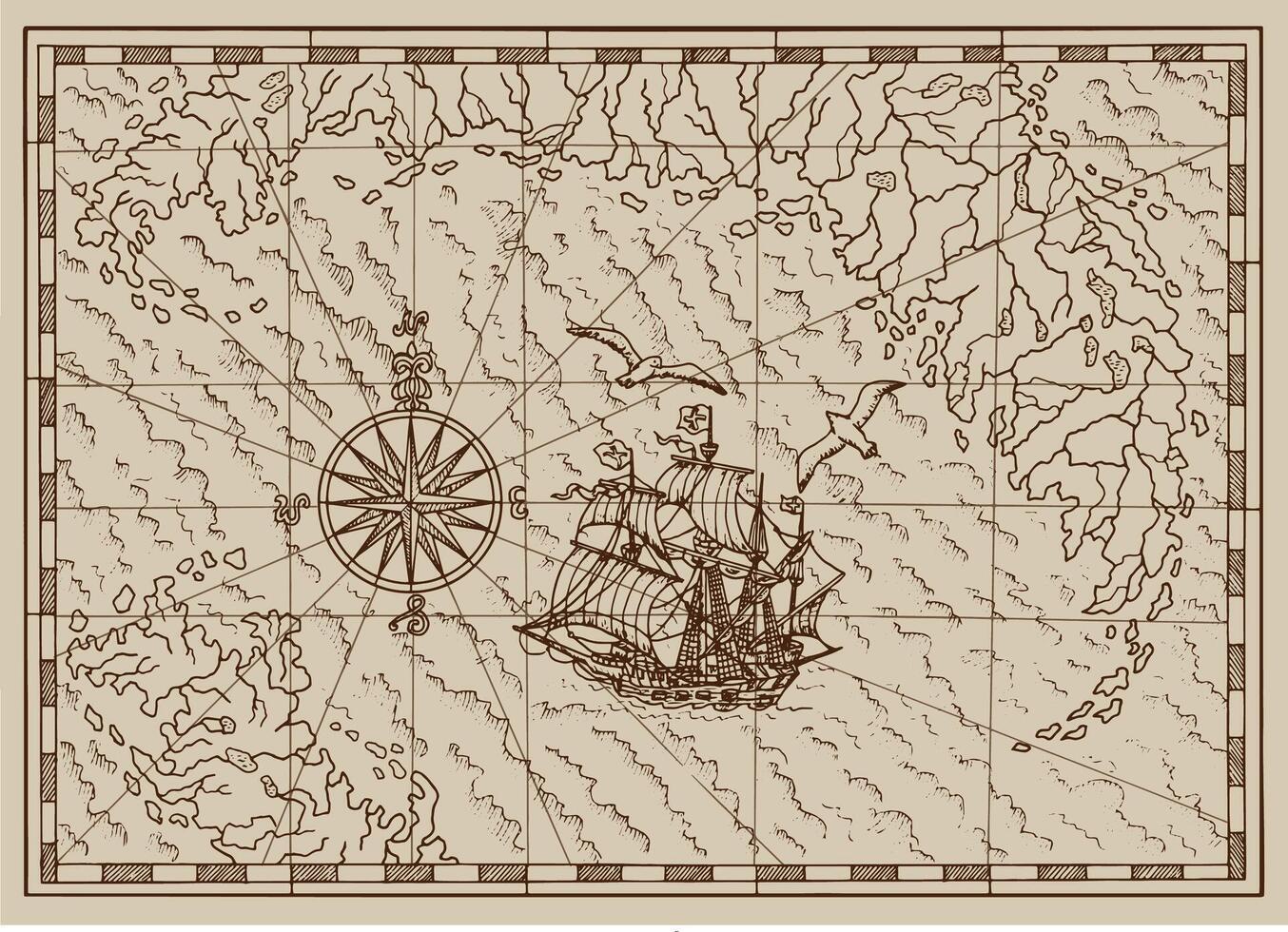 pirata Tesoro carta geografica con vecchio nave e bussola nel telaio vettore