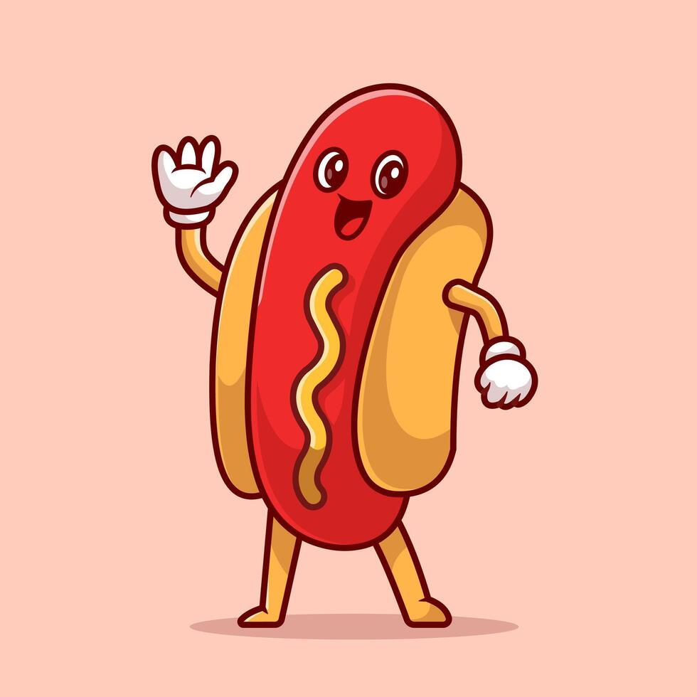 carino hot dog agitando mano cartone animato vettore