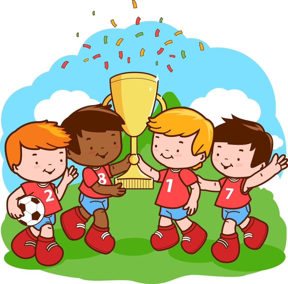 bambini calcio Giocatori Tenere il trofeo a il calcio campo. bambini atleti gli sport squadra vincente il calcio gioco. vettore