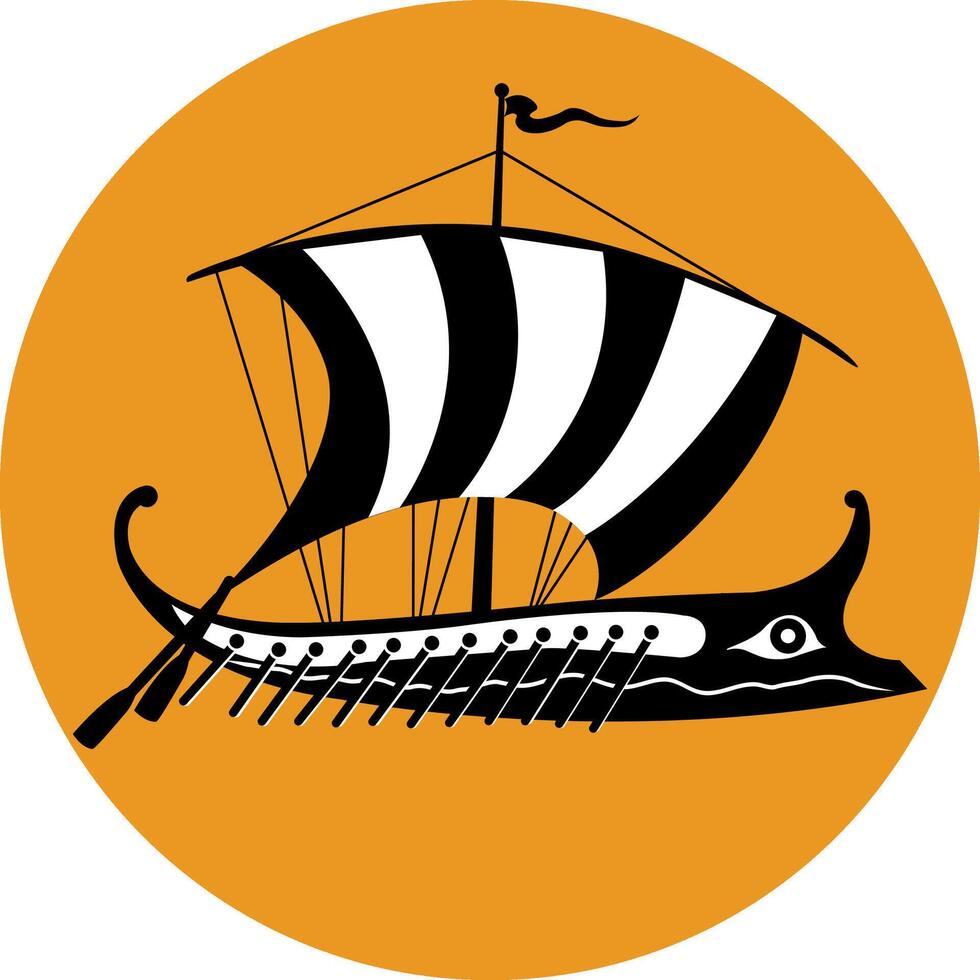 un antico greco trireme nave andare in barca su il mare. stilizzato nero e bianca illustrazione di un antico greco nave. vettore