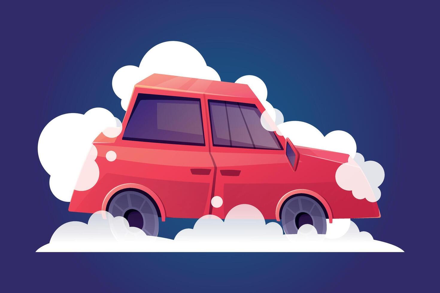 rosso berlina passeggeri auto con schiuma e sapone bolle, veicolo lavaggio. isolato cartone animato illustrazione. vettore