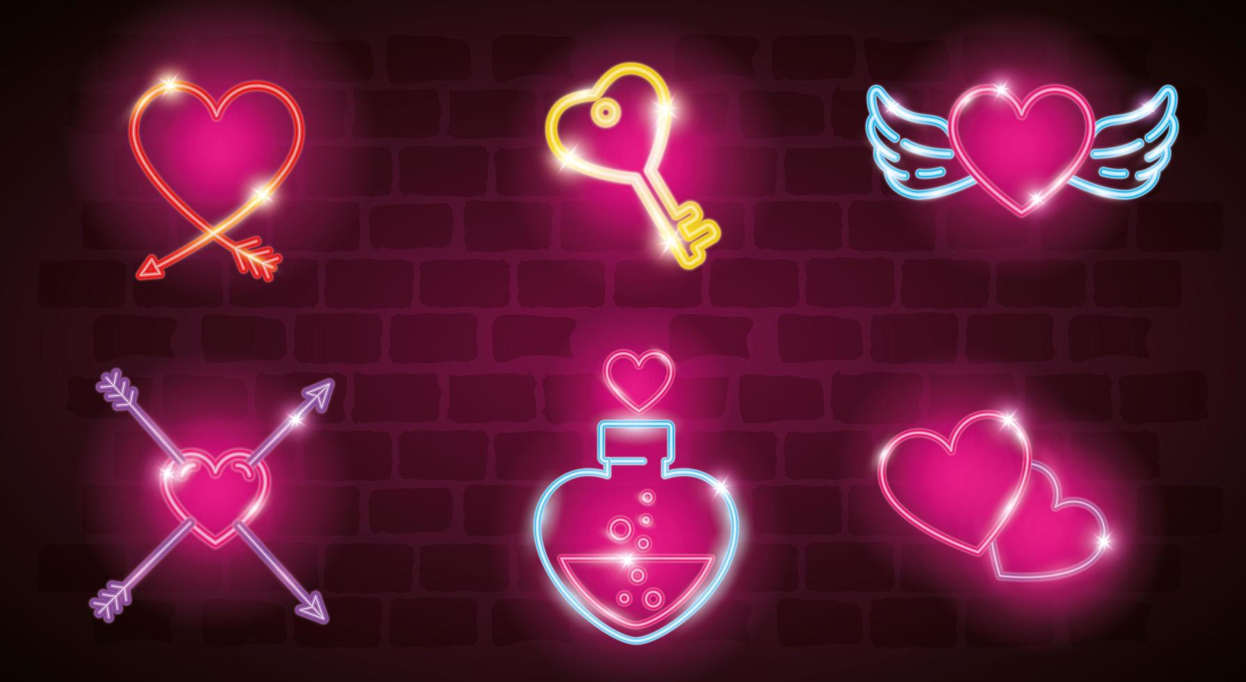 set di icone di San Valentino in luce al neon vettore