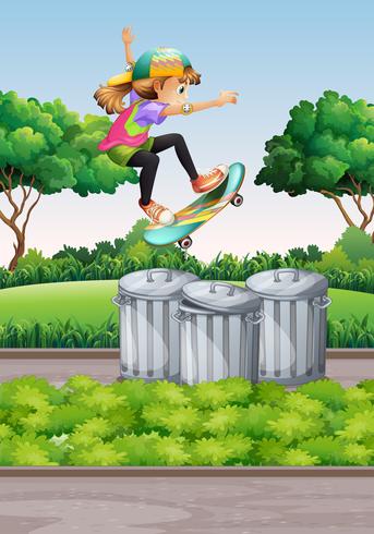 Scena con ragazza su skateboard nel parco vettore