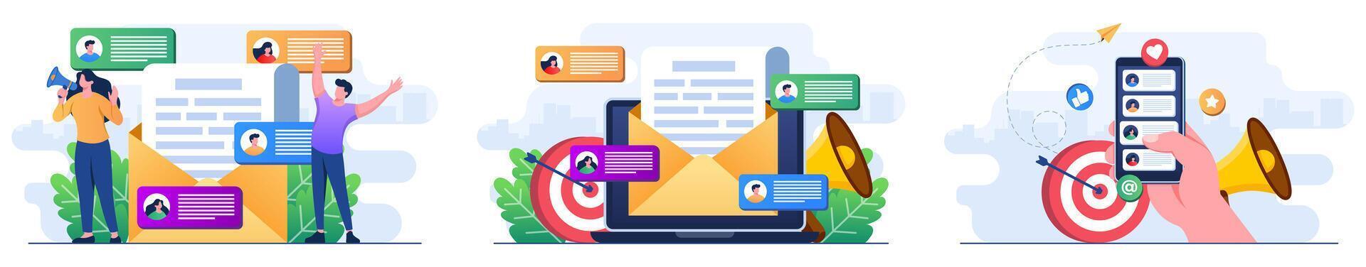 impostato di moderno piatto illustrazioni di e-mail marketing, in linea attività commerciale strategia, pubblicità, e-mail newsletter, messaggistica, marketing Materiale concetti vettore