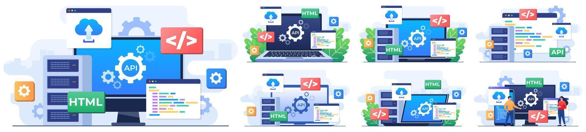 impostato di moderno piatto illustrazioni di applicazione programmazione interfaccia concetto, api fornisce il interfaccia per comunicazione fra applicazioni, Software sviluppo attrezzo, Internet e networking vettore