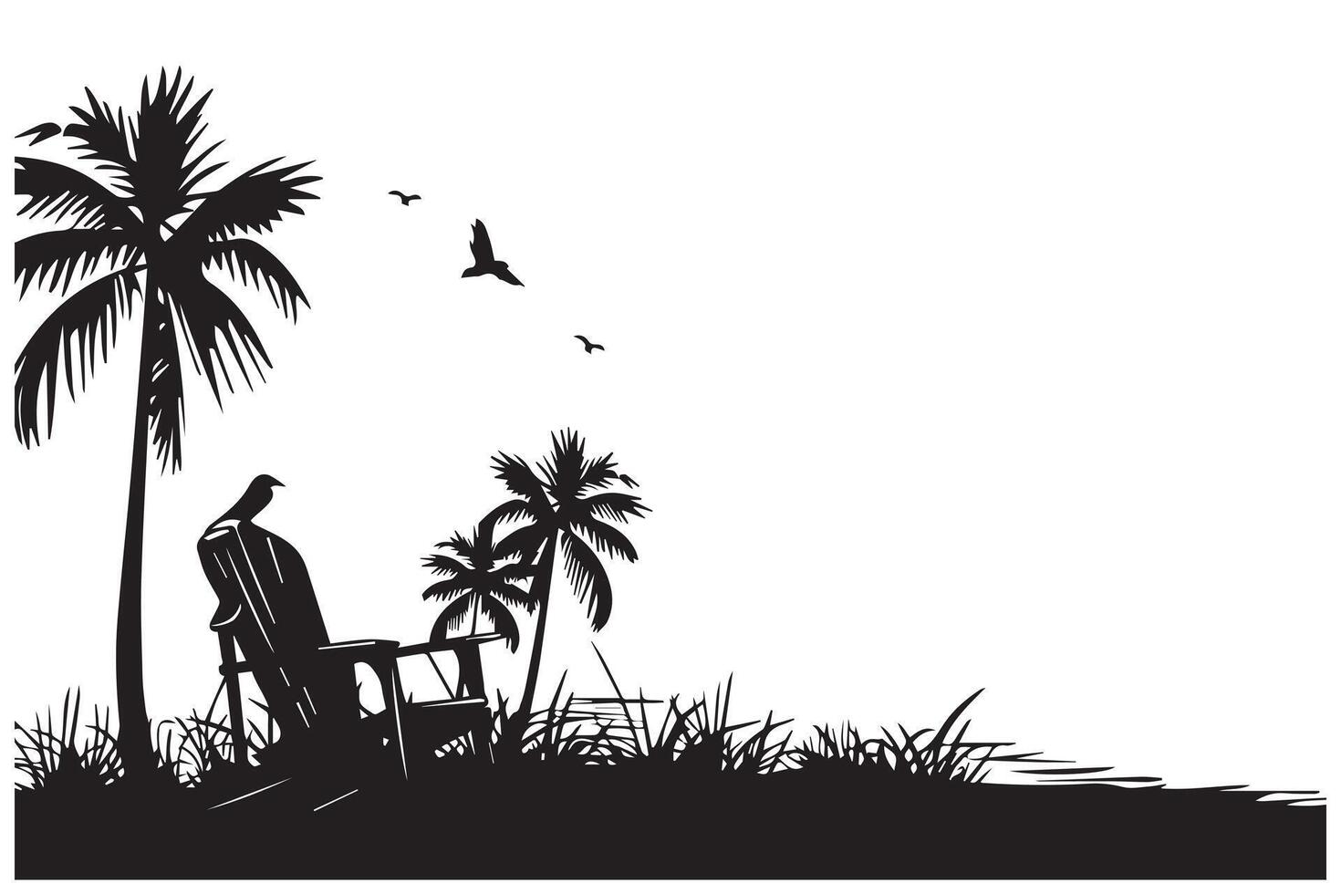 estate scena con un' spiaggia sedia con piccolo palma alberi, e sunbird spiaggia volta, estate vacanza nero silhouette bianca sfondo vettore