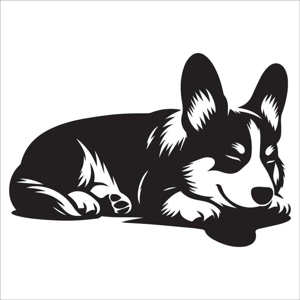 illustrazione di un' pembroke gallese corgi cane dire bugie giù nel nero e bianca vettore