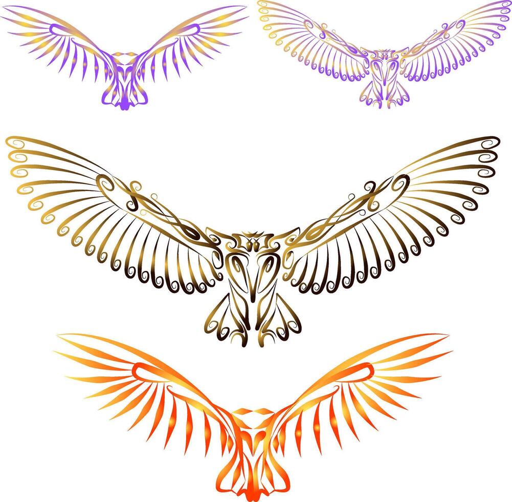 gufo bellissimo intrecciate ornamento genere celtico o boho modello. illustrazione di un gufo con diffusione Ali. il uccello è fatto di bene legatura modello pendenza Multi colore progettato per goffratura vettore